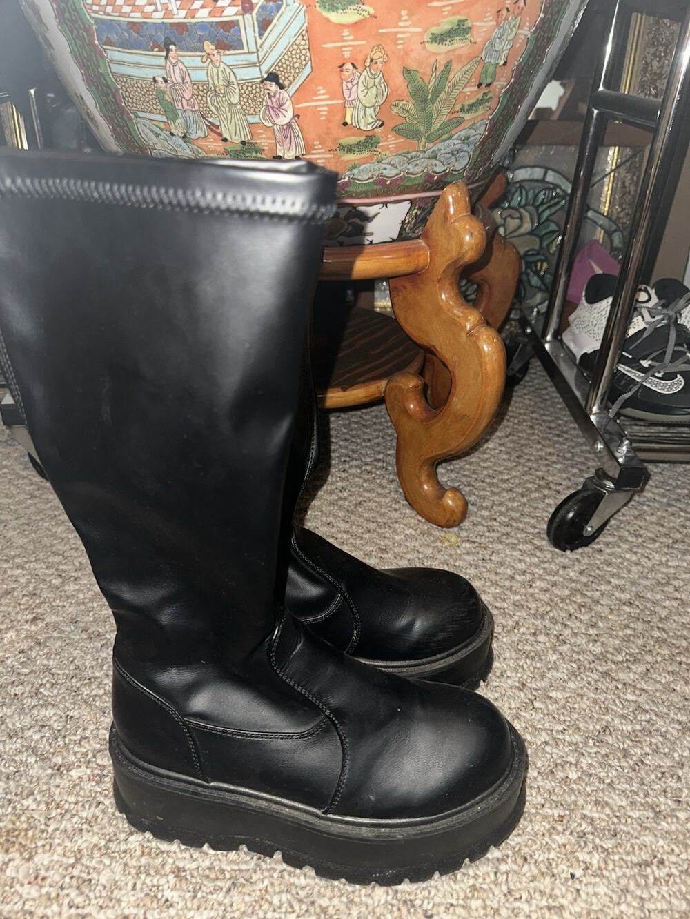 Demonia Women’s Black Faux Leather Knee High Platform Zip Boots Round Toe US 8